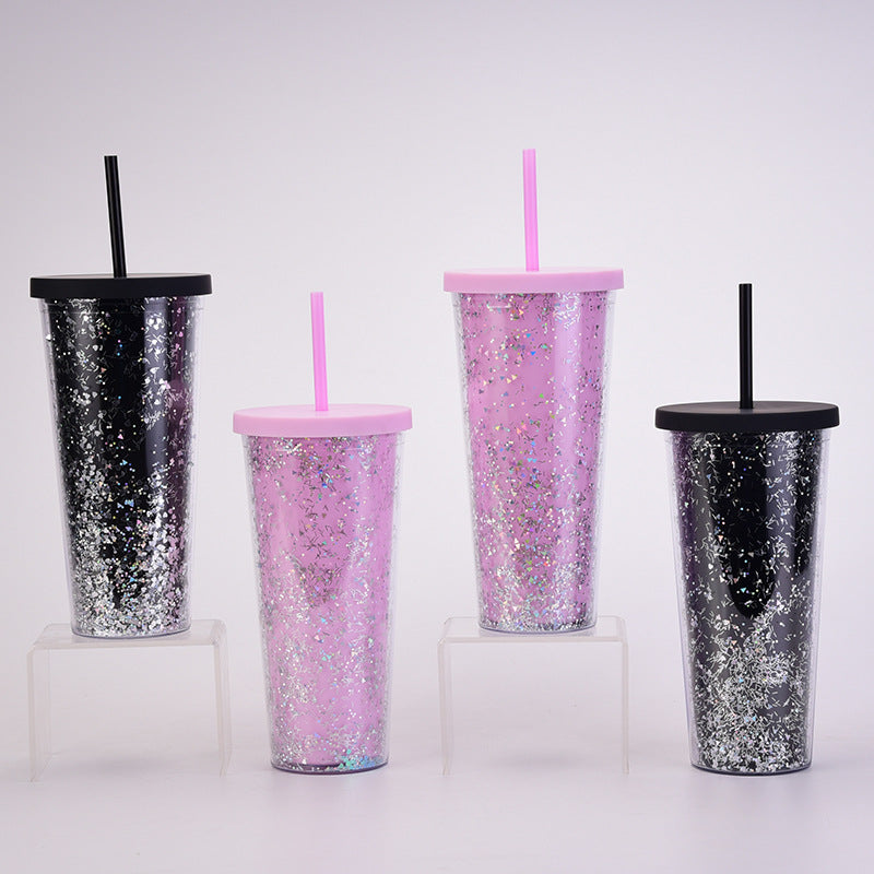 Wholesale  24OZ Double Layer Plastic Cup Sequins Glitter Creative Water Cup with Straw